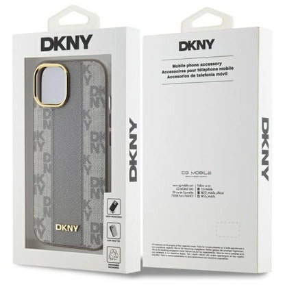 DKNY Leather Checkered Mono Pattern MagSafe iPhone 15 Plus Case - Beige_7