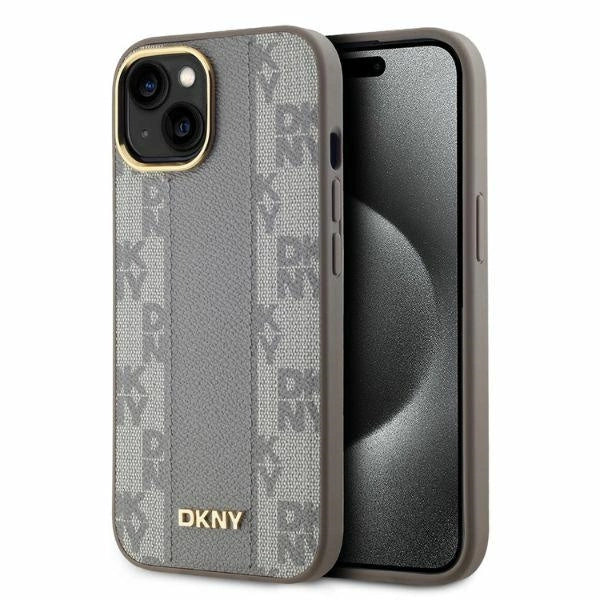 DKNY Leather Checkered Mono Pattern MagSafe iPhone 15 Case - Beige_0