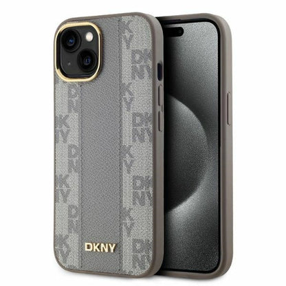 DKNY Leather Checkered Mono Pattern MagSafe iPhone 15 Case - Beige_0