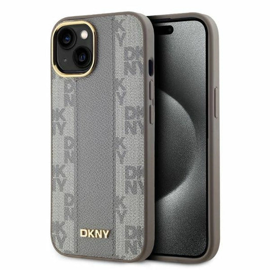 DKNY Leather Checkered Mono Pattern MagSafe iPhone 15 Case - Beige_0