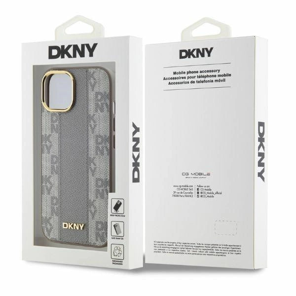 DKNY Leather Checkered Mono Pattern MagSafe iPhone 15 Case - Beige_4