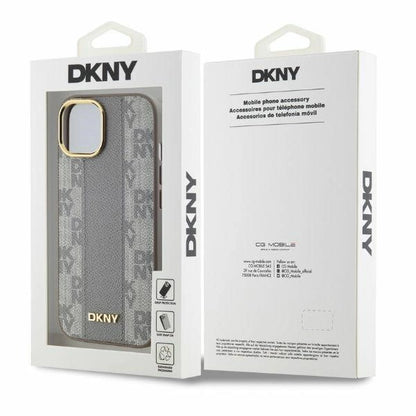 DKNY Leather Checkered Mono Pattern MagSafe iPhone 15 Case - Beige_4