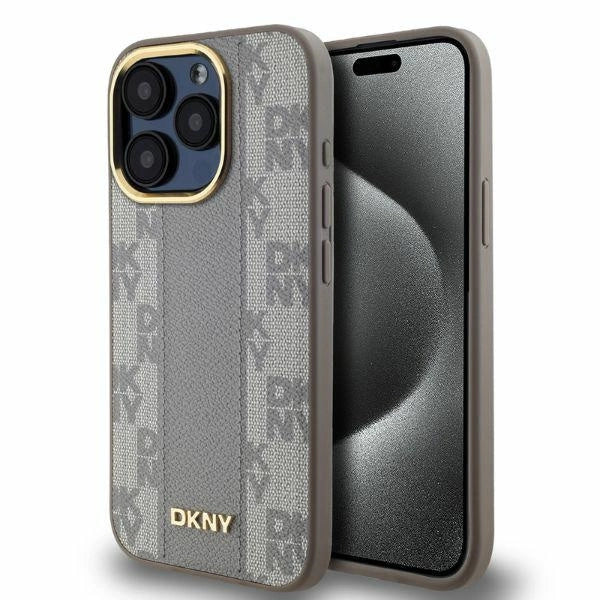 DKNY Leather Checkered Mono Pattern MagSafe iPhone 15 Pro Max Case - Beige_0
