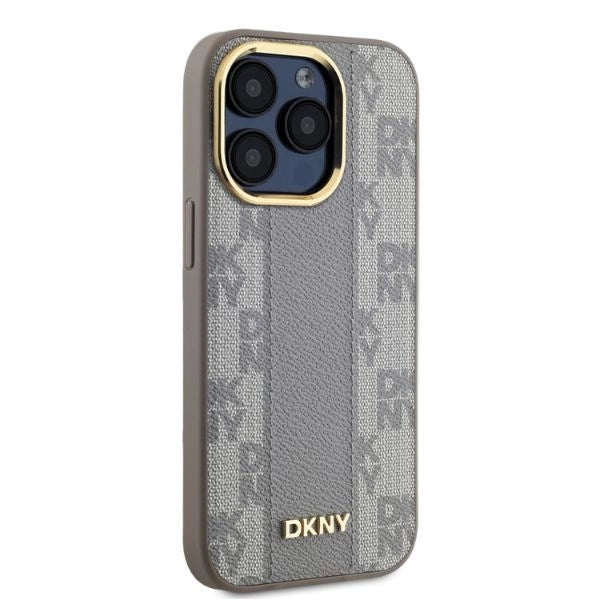 DKNY Leather Checkered Mono Pattern MagSafe iPhone 15 Pro Max Case - Beige_3