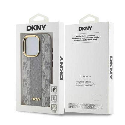 DKNY Leather Checkered Mono Pattern MagSafe iPhone 15 Pro Max Case - Beige_4