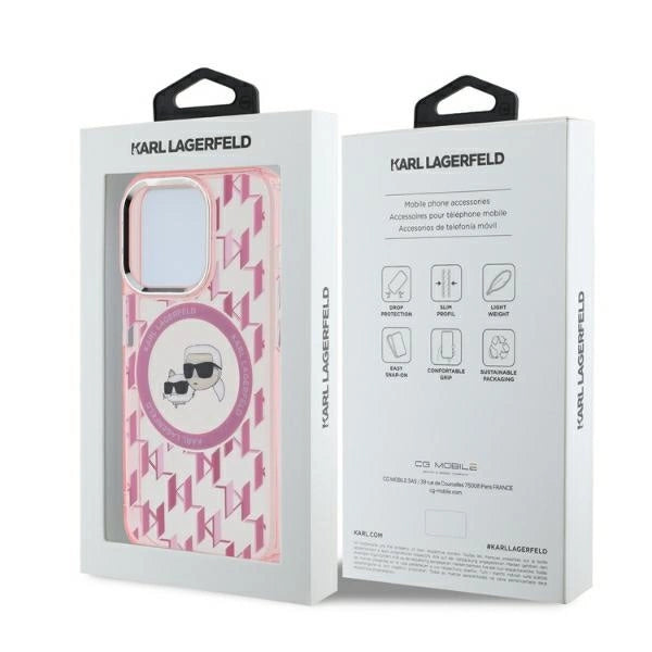 Karl Lagerfeld IML Monogram Karl &amp; Choupette Head MagSafe iPhone 15 Pro Case - Pink_4