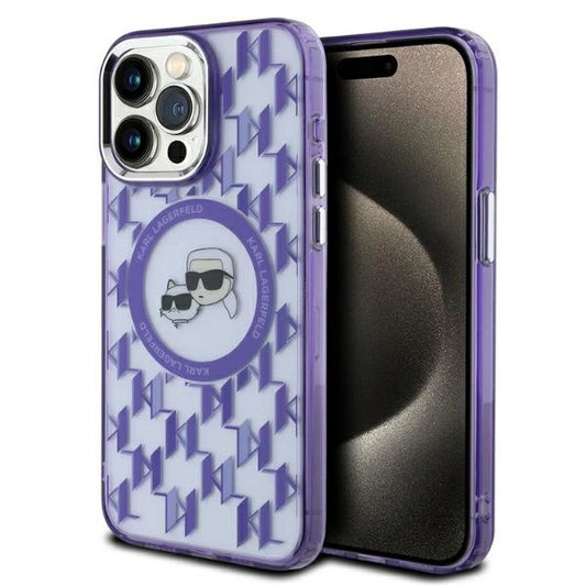 Karl Lagerfeld IML Monogram Karl &amp; Choupette Head MagSafe iPhone 15 Pro Case - Purple_0