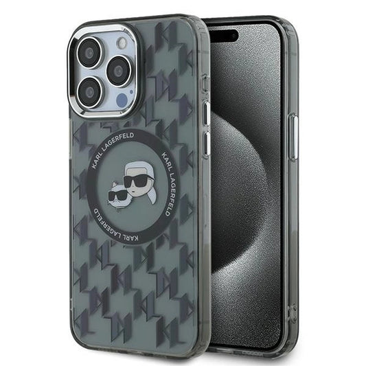 Karl Lagerfeld IML Monogram Karl &amp; Choupette Head MagSafe Case for iPhone 15 Pro Max - Black_0