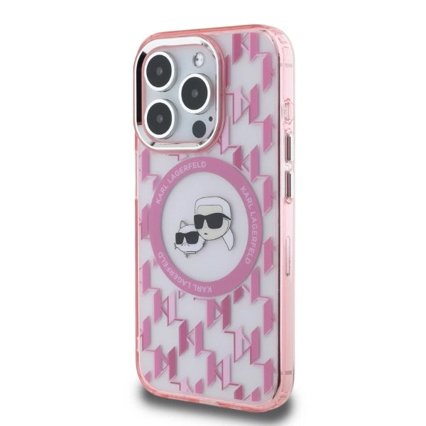 Karl Lagerfeld IML Monogram Karl &amp; Choupette Head MagSafe Case for iPhone 15 Pro Max - Pink_2