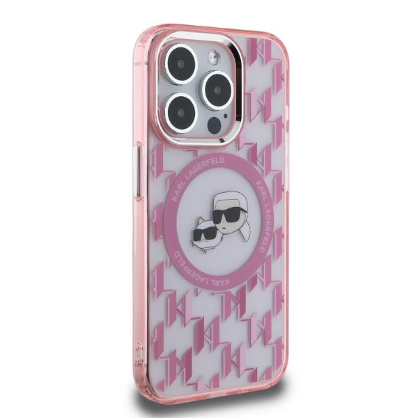Karl Lagerfeld IML Monogram Karl &amp; Choupette Head MagSafe Case for iPhone 15 Pro Max - Pink_3