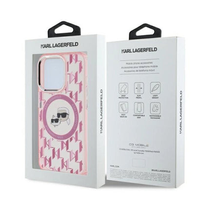 Karl Lagerfeld IML Monogram Karl &amp; Choupette Head MagSafe Case for iPhone 15 Pro Max - Pink_4