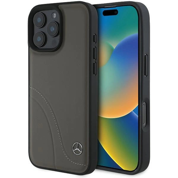 Mercedes MB Curved Stitches Leather iPhone 16 Pro Max Case - Brown_0