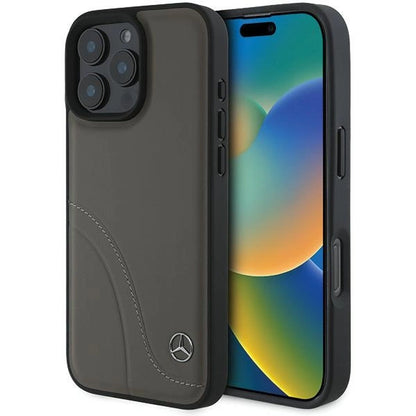 Mercedes MB Curved Stitches Leather iPhone 16 Pro Max Case - Brown_0