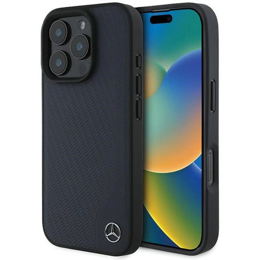 Mercedes MB Wood Imitation Leather MagSafe Case for iPhone 16 Pro Max - Navy Blue_0