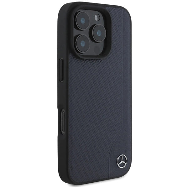 Mercedes MB Wood Imitation Leather MagSafe Case for iPhone 16 Pro Max - Navy Blue_3