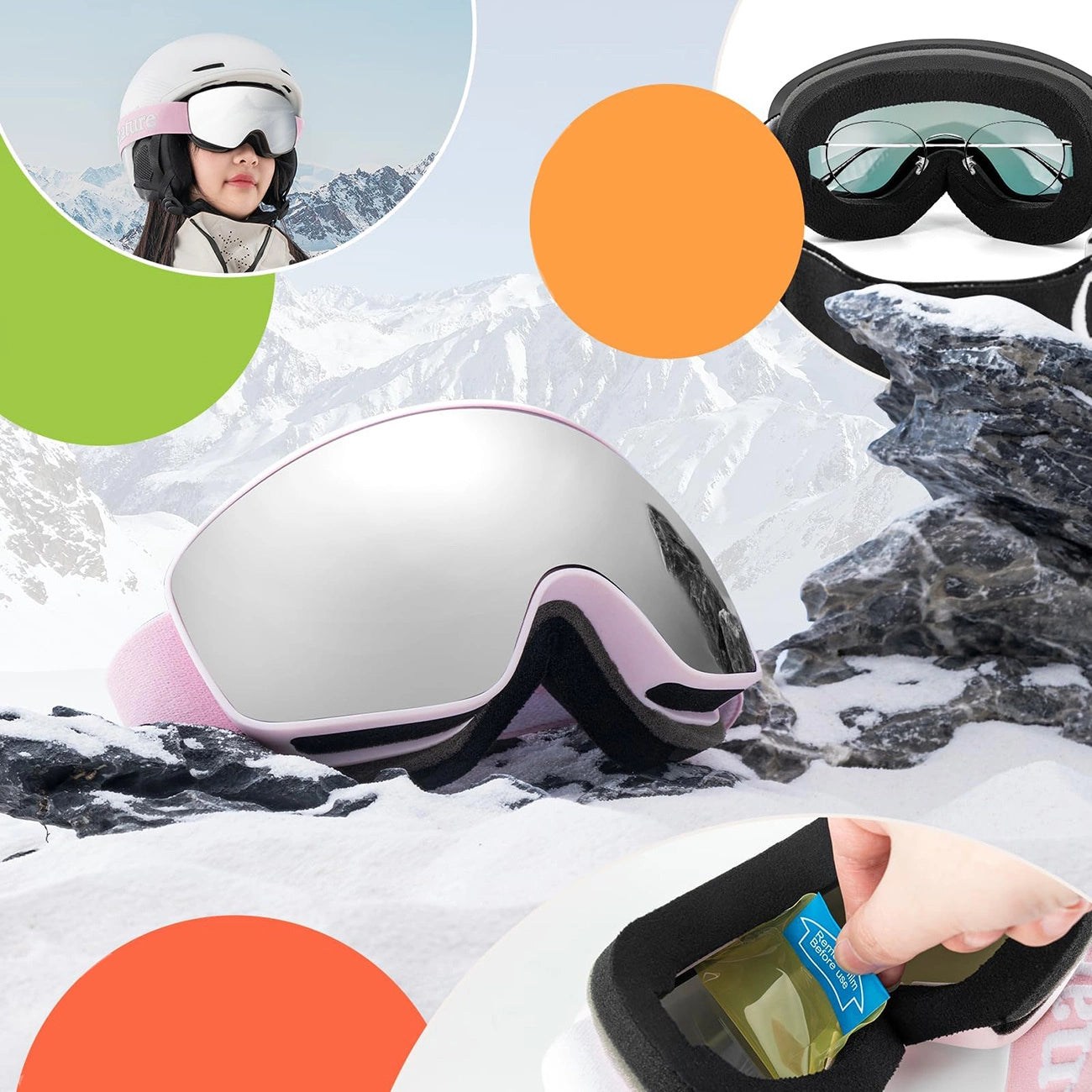 Qunature Pink Children's skiing goggles (medium/large children's version)_2