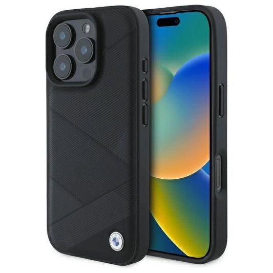 BMW Sign Leather Crossing Lines Pattern iPhone 16 Pro Max Case - Black_0