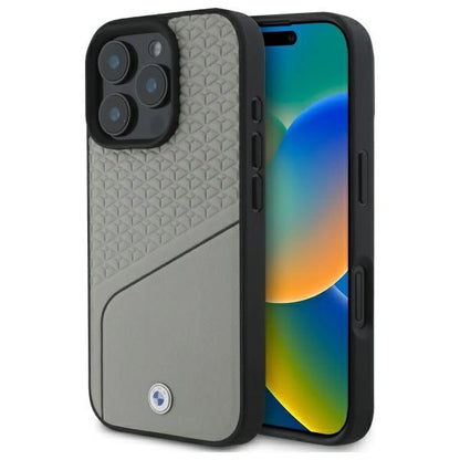 BMW Sign Leather Textured and Line MagSafe Case for iPhone 16 Pro Max - Gray_0