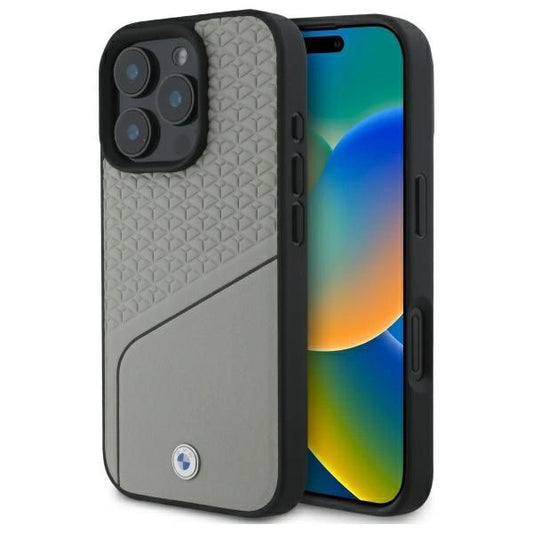 BMW Sign Leather Textured and Line MagSafe Case for iPhone 16 Pro Max - Gray_0