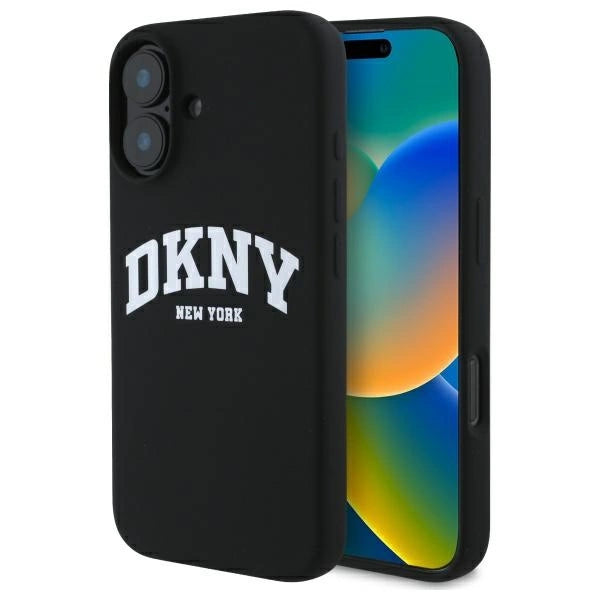 DKNY Silicone White Printed Logo MagSafe iPhone 16 Case - Black_0