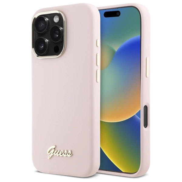 Guess Silicone Script Metal Logo &amp; Frame iPhone 16 Pro Case - Pink_0