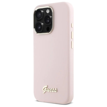 Guess Silicone Script Metal Logo &amp; Frame iPhone 16 Pro Case - Pink_1