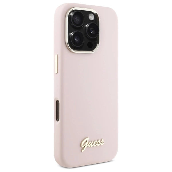 Guess Silicone Script Metal Logo &amp; Frame iPhone 16 Pro Case - Pink_3