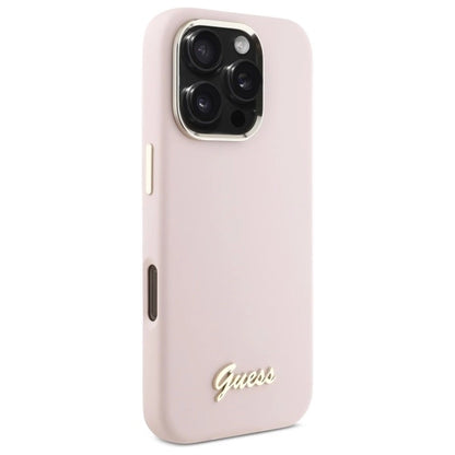 Guess Silicone Script Metal Logo &amp; Frame iPhone 16 Pro Case - Pink_3