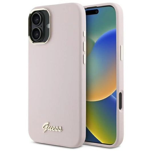 Guess Silicone Script Metal Logo &amp; Frame iPhone 16 Plus Case - Pink_0