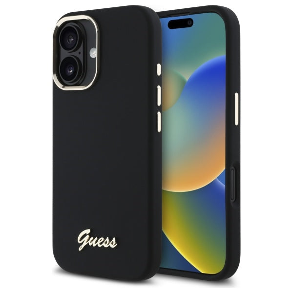 Guess Silicone Script Metal Logo &amp; Frame Case for iPhone 16 - Black_0