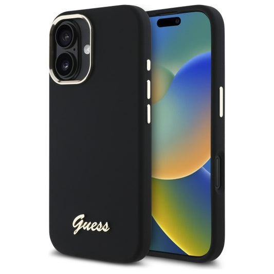 Guess Silicone Script Metal Logo &amp; Frame Case for iPhone 16 - Black_0