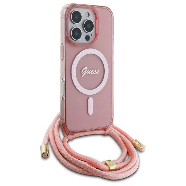 Guess Crossbody Cord Script MagSafe Case for iPhone 16 Pro - Pink_2