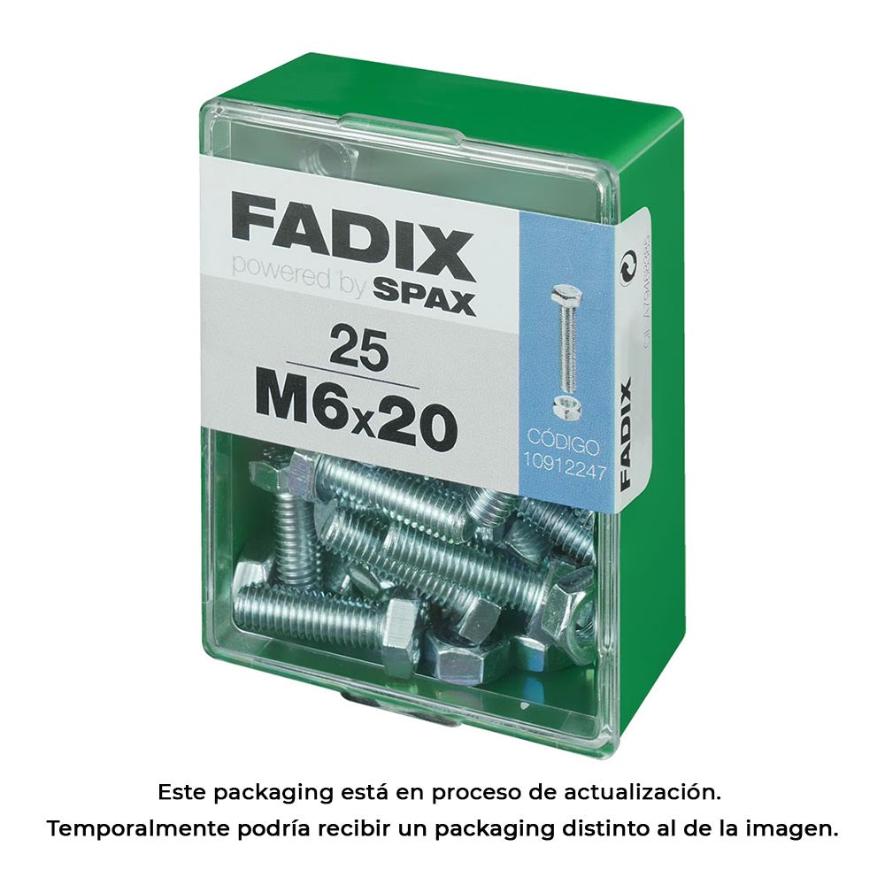 Caixa m 25 unid. parafuso metrico cab hex+porca zinco m 6x20mm fadix_0