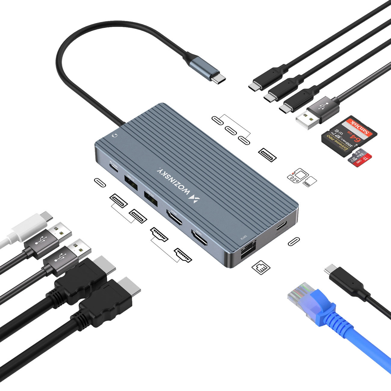 USB-C Hub 14 in 1 Wozinsky WDS03Y5S Multifunctional, Aluminum, for 3 Monitors, with 15 cm Cable - Gray_1