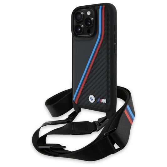 BMW M Edition Carbon Tricolor Lines &amp; Strap Case for iPhone 16 Pro - Black_0