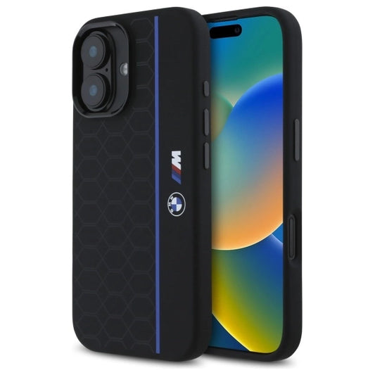 BMW Silicone Hexagon Blue Line MagSafe iPhone 16 Case - Black_0