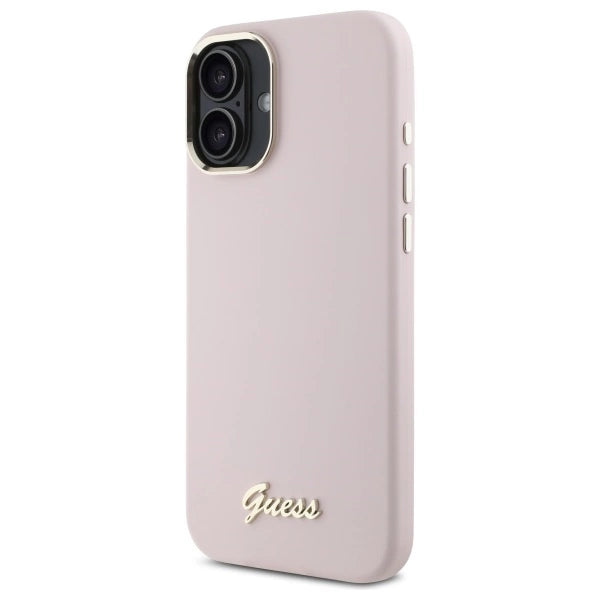 Guess Silicone Script Metal Logo &amp; Frame iPhone 16 Case - Pink_1