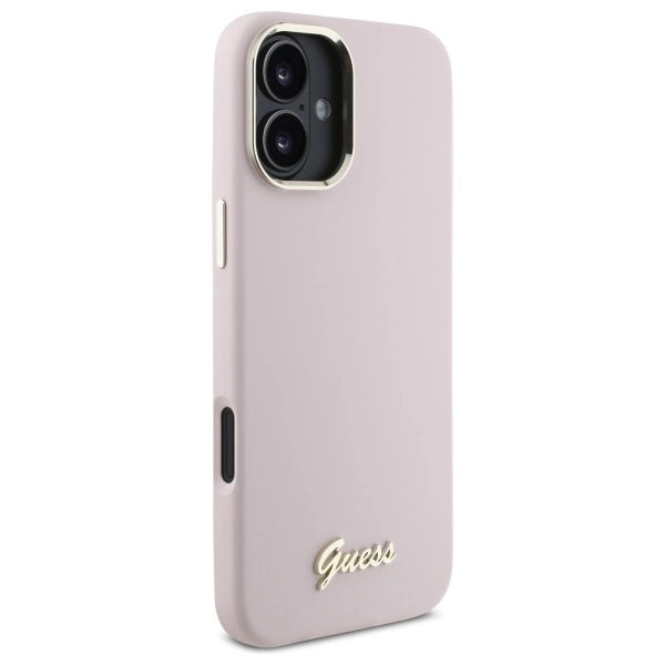 Guess Silicone Script Metal Logo &amp; Frame iPhone 16 Case - Pink_3