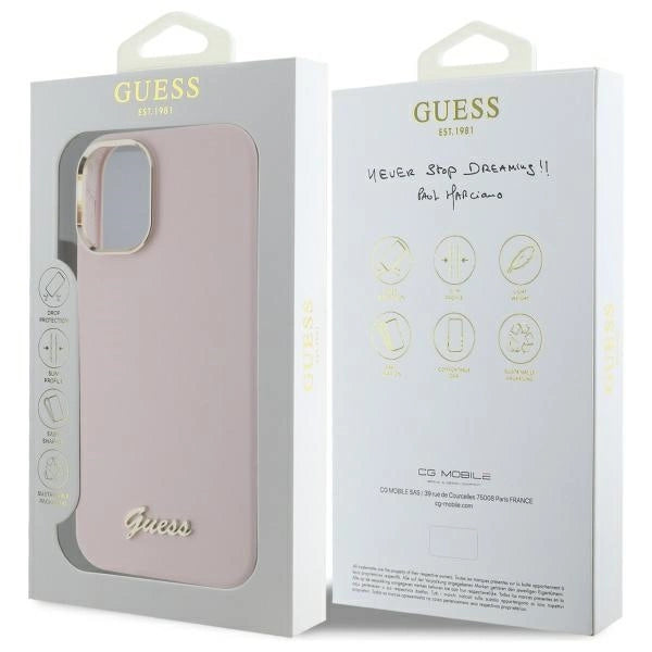Guess Silicone Script Metal Logo &amp; Frame iPhone 16 Case - Pink_7
