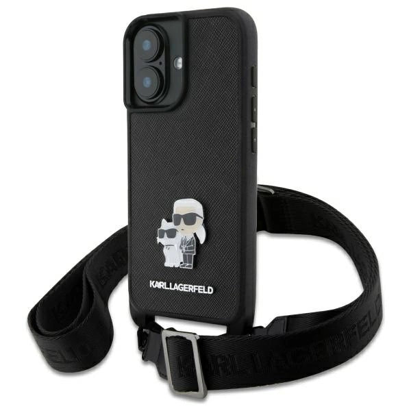 Karl Lagerfeld Saffiano Karl&amp;Choupette Metal Pin CBDY Strap iPhone 16 Case - Black_0