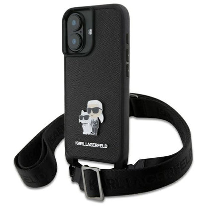 Karl Lagerfeld Saffiano Karl&amp;Choupette Metal Pin CBDY Strap iPhone 16 Case - Black_0