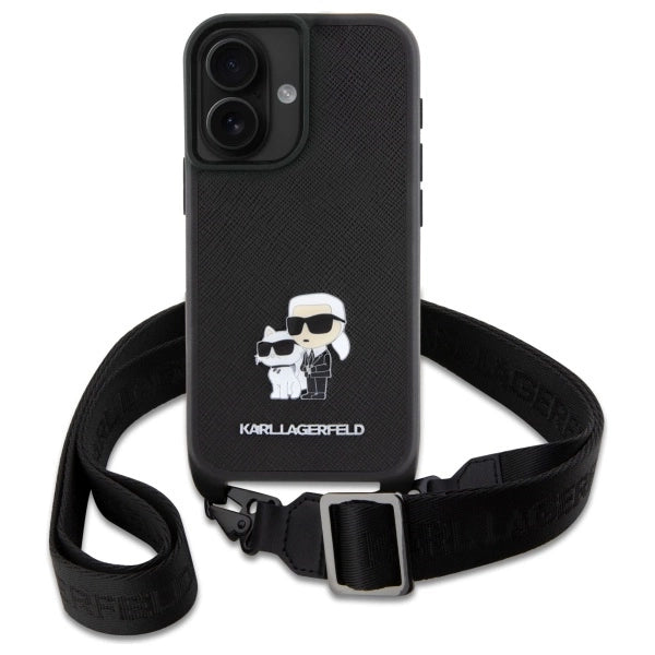 Karl Lagerfeld Saffiano Karl&amp;Choupette Metal Pin CBDY Strap iPhone 16 Case - Black_1