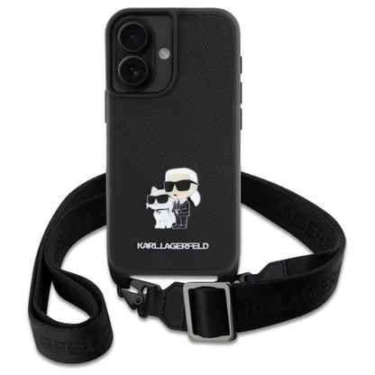 Karl Lagerfeld Saffiano Karl&amp;Choupette Metal Pin CBDY Strap iPhone 16 Case - Black_1