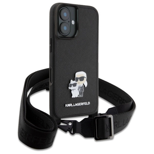 Karl Lagerfeld Saffiano Karl&amp;Choupette Metal Pin CBDY Strap iPhone 16 Case - Black_2