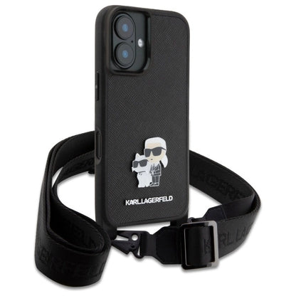 Karl Lagerfeld Saffiano Karl&amp;Choupette Metal Pin CBDY Strap iPhone 16 Case - Black_2
