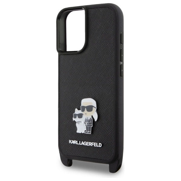 Karl Lagerfeld Saffiano Karl&amp;Choupette Metal Pin CBDY Strap iPhone 16 Case - Black_3