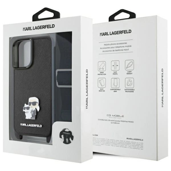 Karl Lagerfeld Saffiano Karl&amp;Choupette Metal Pin CBDY Strap iPhone 16 Case - Black_5