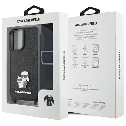 Karl Lagerfeld Saffiano Karl&amp;Choupette Metal Pin CBDY Strap iPhone 16 Case - Black_5