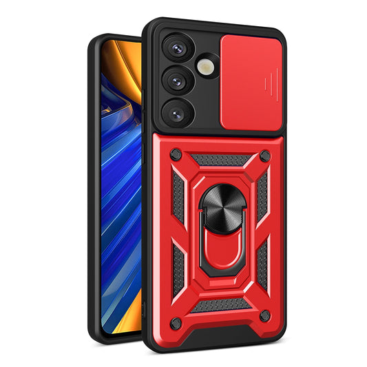 Hybrid Armor Camshield with Camera Cover and Metal Ring for Samsung Galaxy S25 - Red_0
