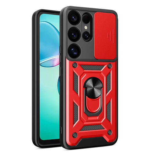 Hybrid Armor Camshield with Camera Cover and Metal Ring for Samsung Galaxy S25 Ultra - Red_0